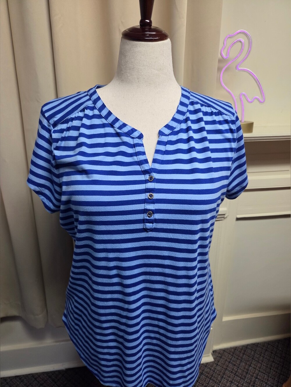 Liz Claiborne Blue Striped Short Sleeve Henley Dize XL